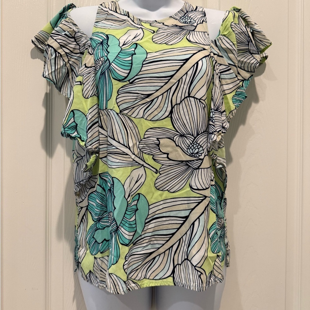 All for color Floral Print Women's cold Shoulder Top - Green and Blue size small